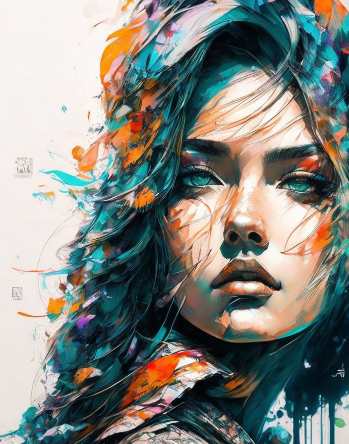 Colorful strokes and splashes in vibrant portrait of a woman