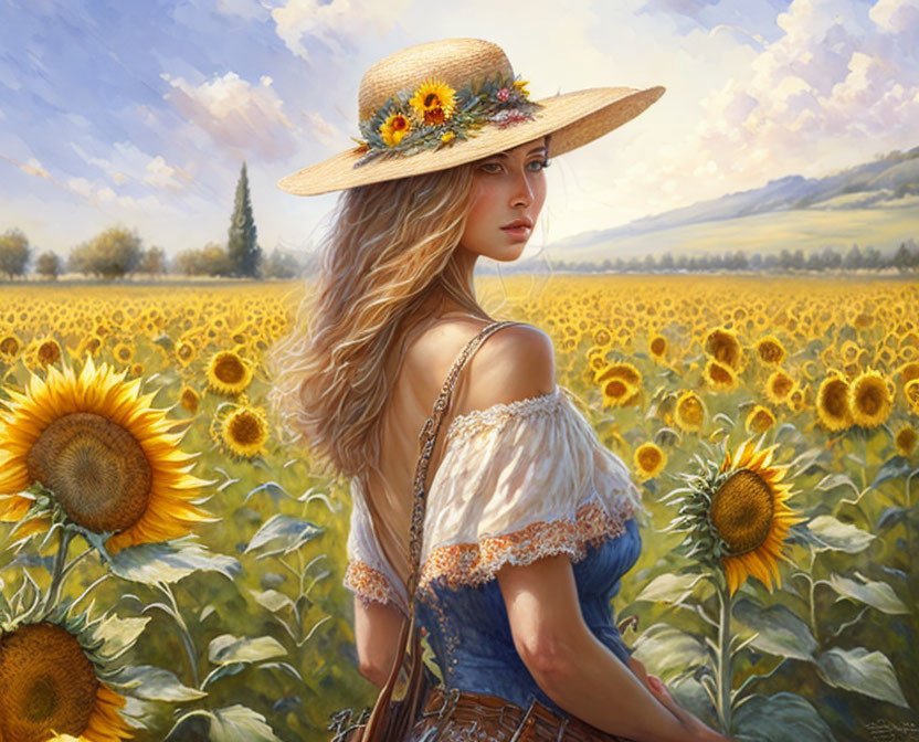 Woman in straw hat surrounded by sunflowers.