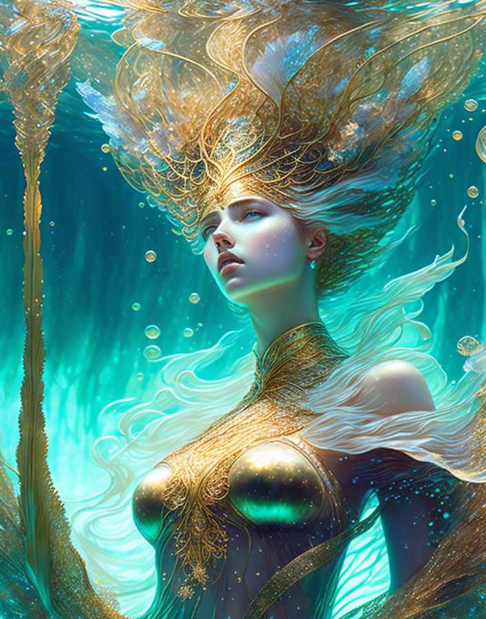 Fantasy woman in gold crown and armor underwater