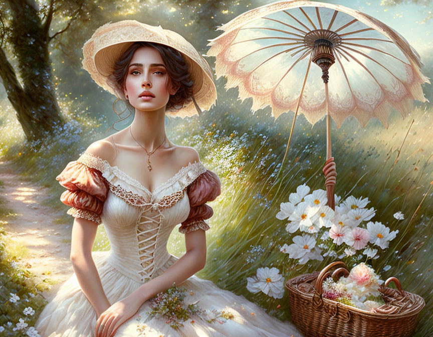 Vintage-dressed woman with parasol and flowers in sunlit meadow