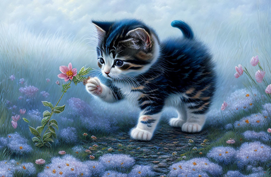 Black and white kitten exploring pink and purple flowers in a field