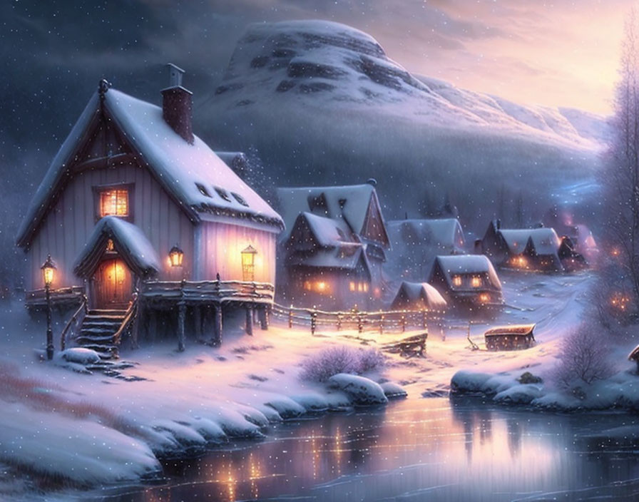 Snowy village cottage by river with warm glowing lights at twilight