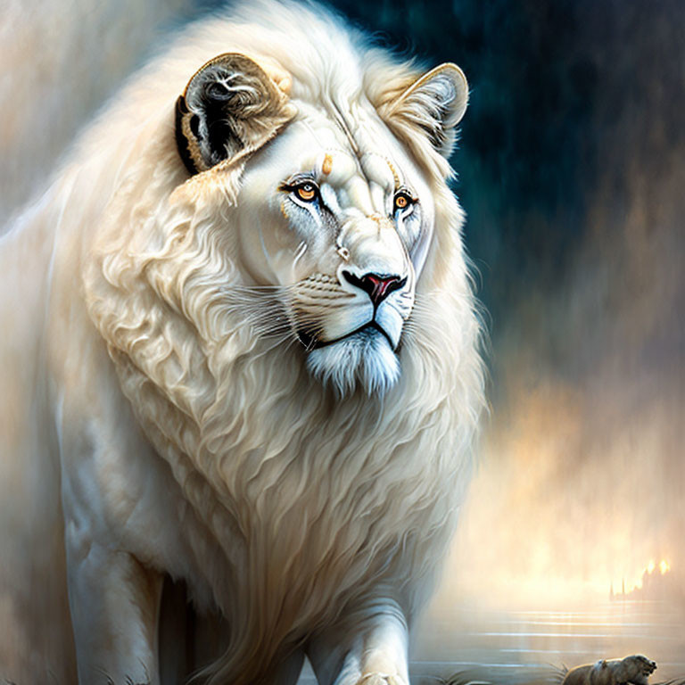 White Lion with Golden Eyes in Ethereal Landscape