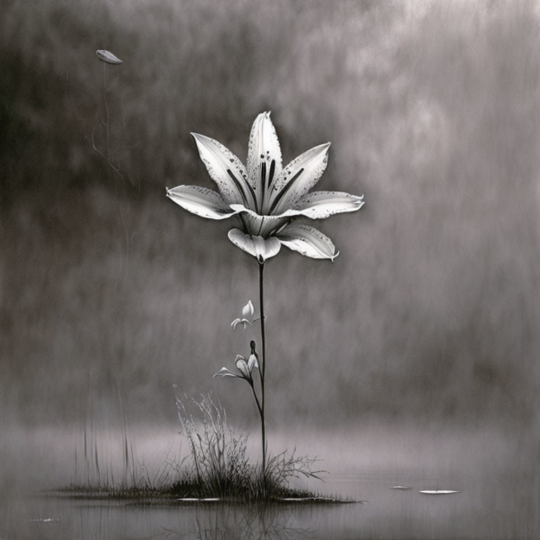 Monochrome lily with raindrops in misty setting