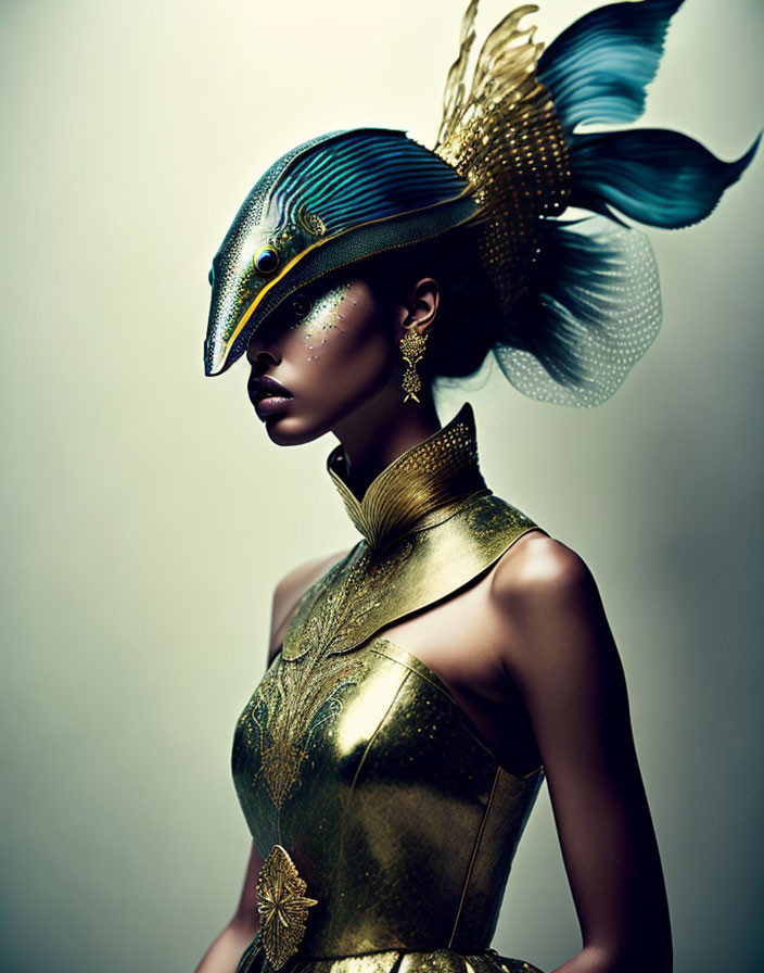 Person in Gold Dress with Fish-Shaped Headpiece and Feathers