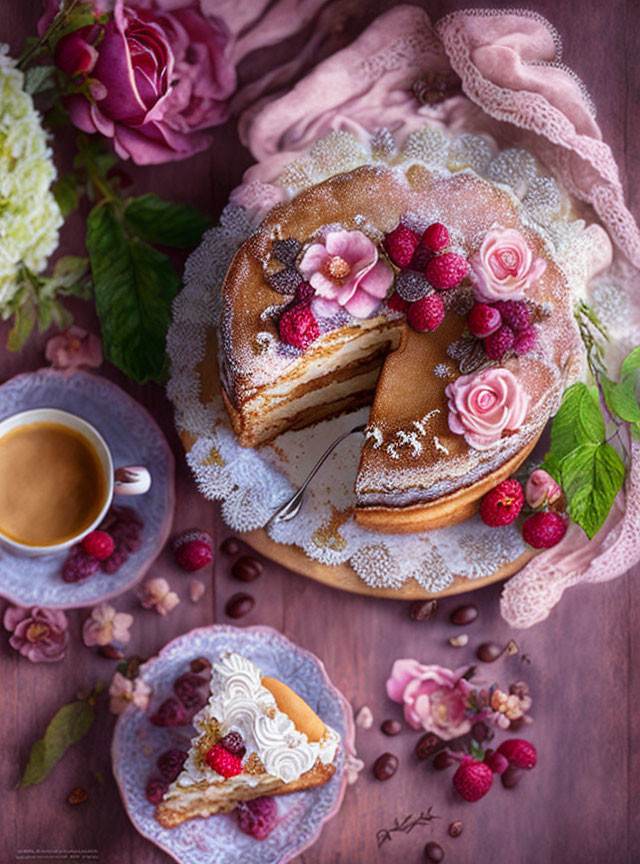 Sliced Sponge Cake with Powdered Sugar, Raspberries, Flowers, Coffee, and Plate