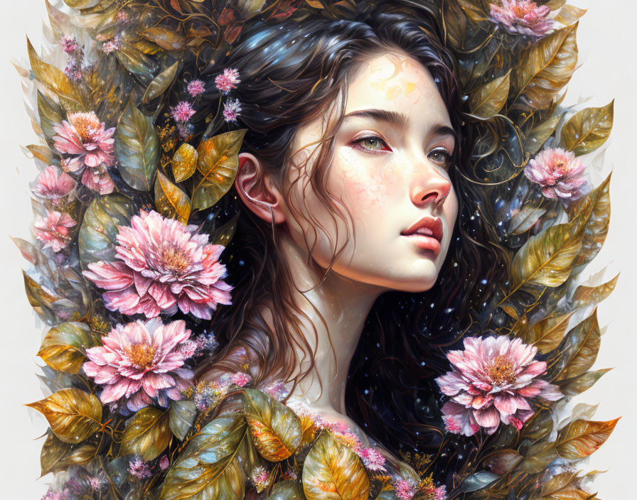 Detailed portrait of woman with blooming flowers and lush leaves.