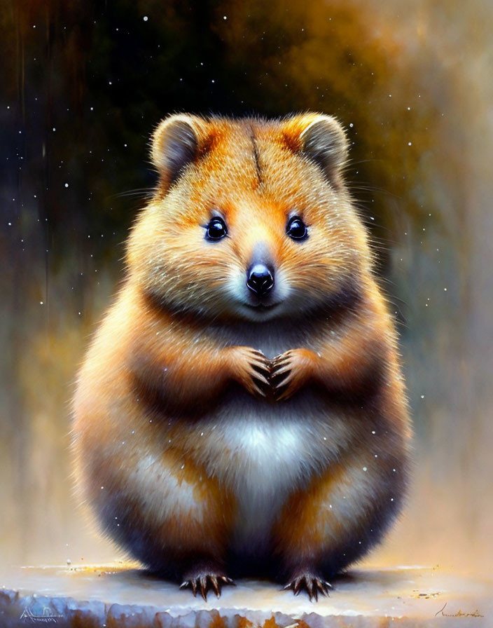 Round, chubby animal with big eyes and small hands in soft, blurred setting