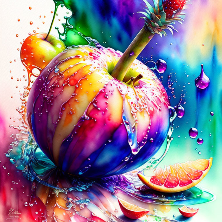 Colorful digital artwork featuring fruit and water droplets on vibrant backdrop