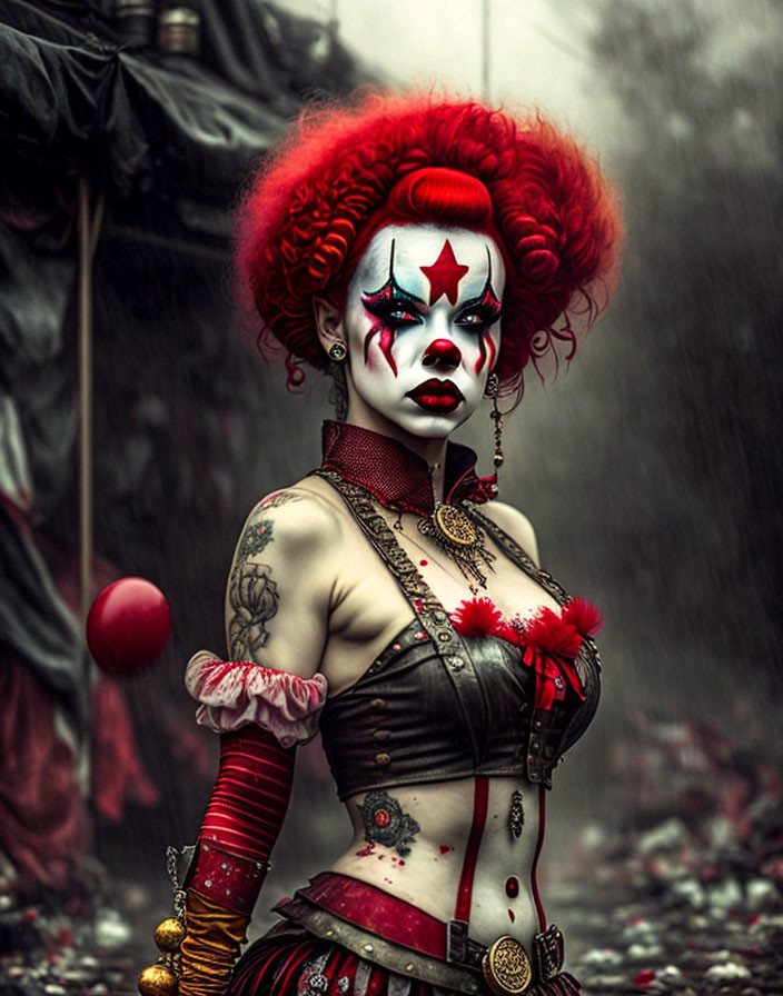 Clown makeup person with red hair, corset, tattoos, circus-themed accessories in misty setting