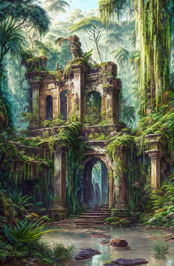 Ancient ruin engulfed by jungle vines and mist, stream in foreground