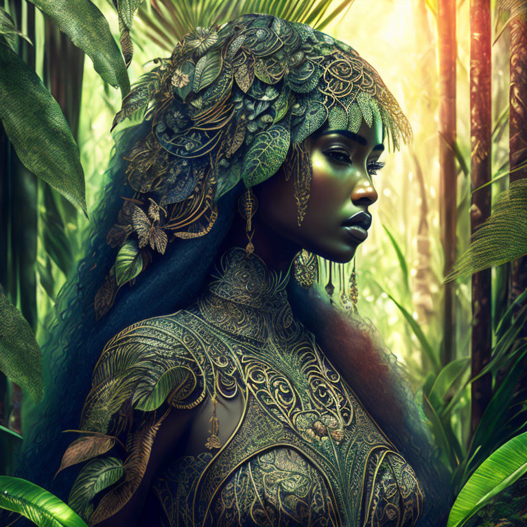 Intricate golden armor woman in lush greenery under sunlight.