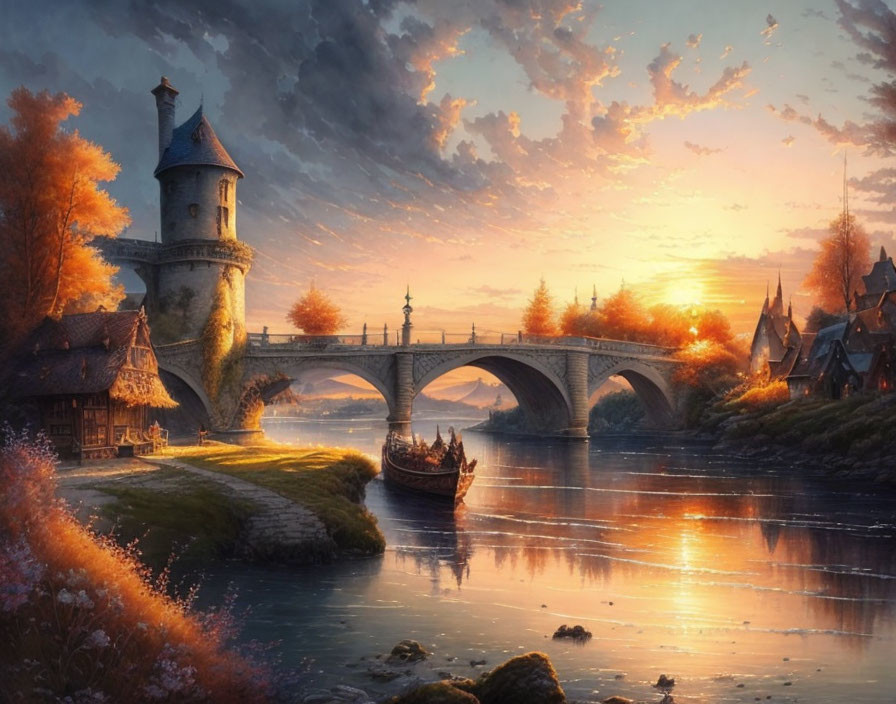 Tranquil fantasy sunset scene with stone bridge, tower, cottage, and sailing boat