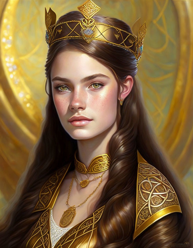 Young woman in golden crown and armor with braided brown hair.