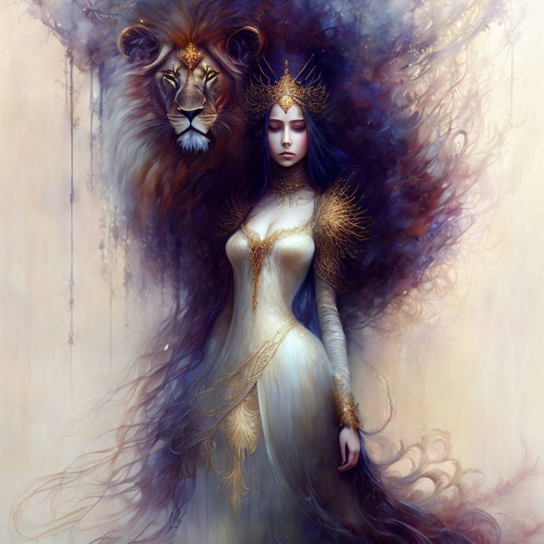 Illustration of woman with lion's head in regal golden ornaments in mystical setting