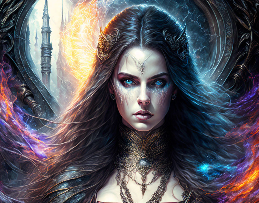 Fantasy artwork: Woman with dark hair, blue eyes, ornate jewelry, and crown