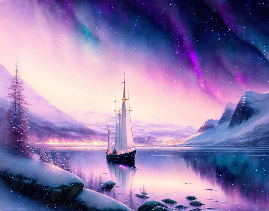 Tranquil digital art: ship on snowy lake under aurora sky