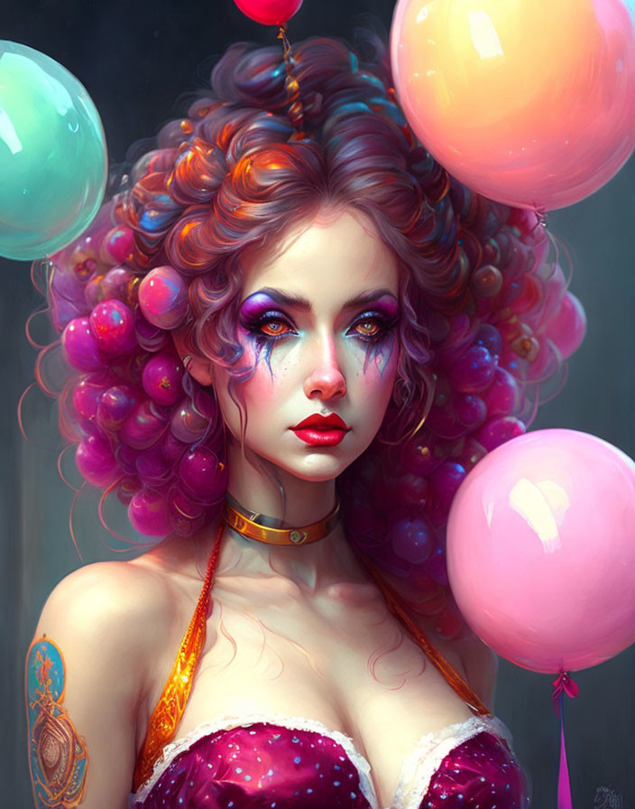 Colorful curly hair woman with balloons and vivid makeup portrait.