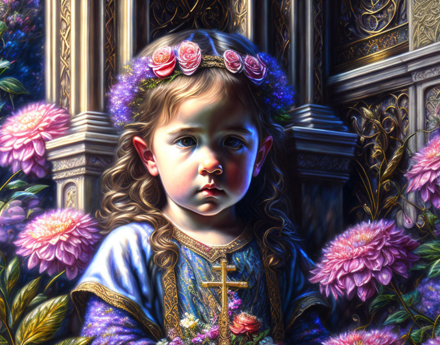 Portrait of a child with floral headband and cross necklace in ornate setting