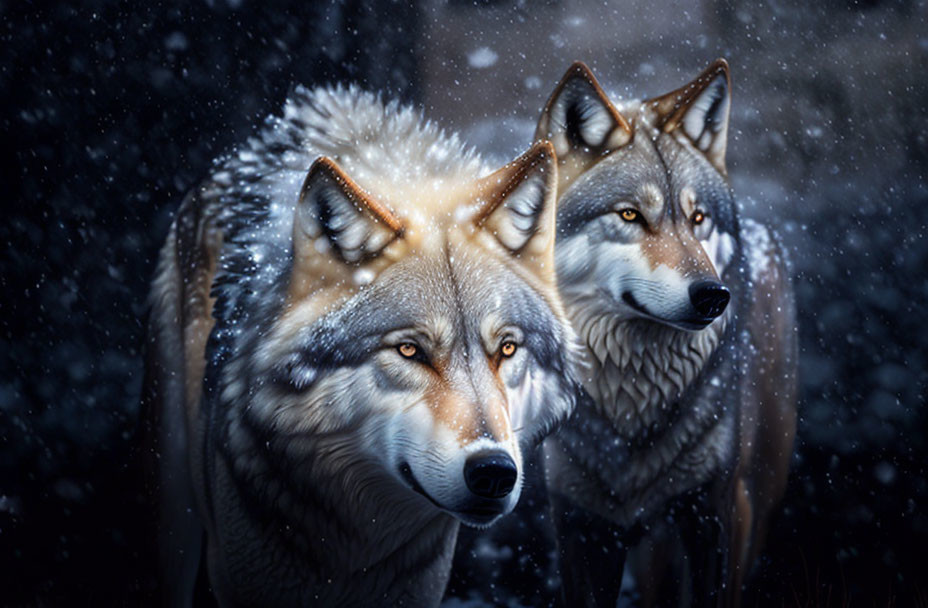 Two alert wolves with thick fur in falling snow.