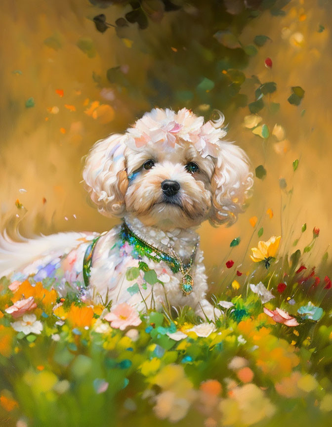 Fluffy white and tan dog with flowers and necklace in colorful floral setting