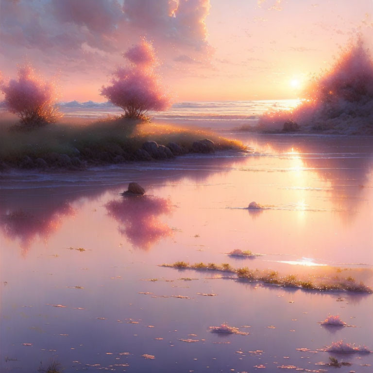 Tranquil sunset landscape with pink clouds, glowing sun, blossoming trees, and reflective water.