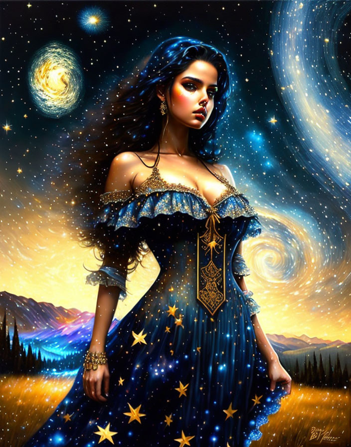 Mystical woman in starry night attire with swirling galaxy backdrop