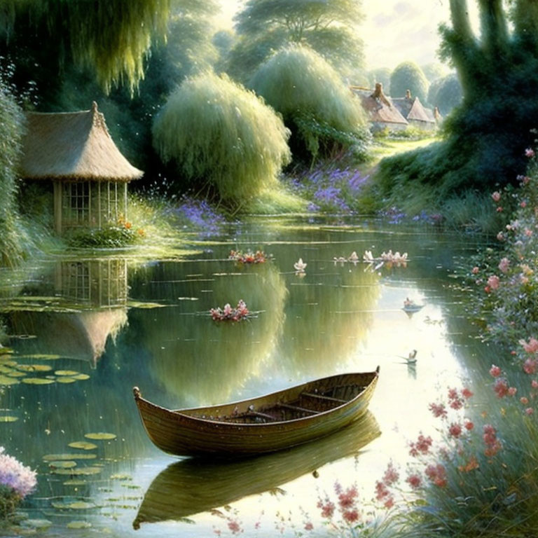 Tranquil pond scene with boat and cottages surrounded by greenery