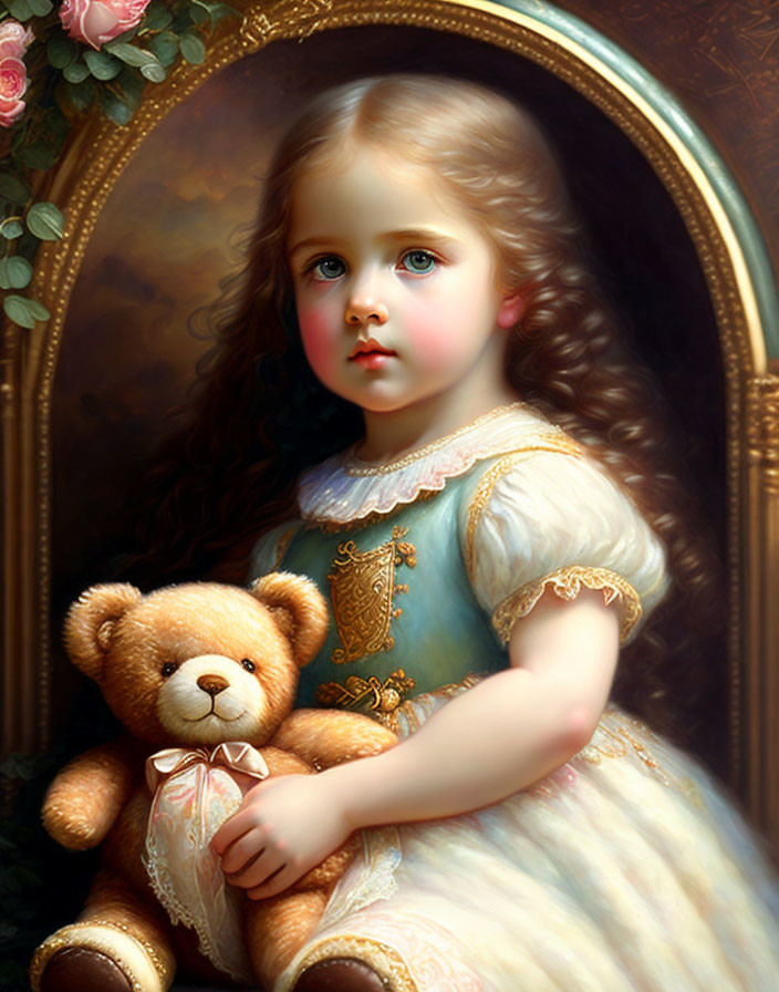 Portrait of young girl with blue eyes and curly hair holding teddy bear by mirror with rose frame