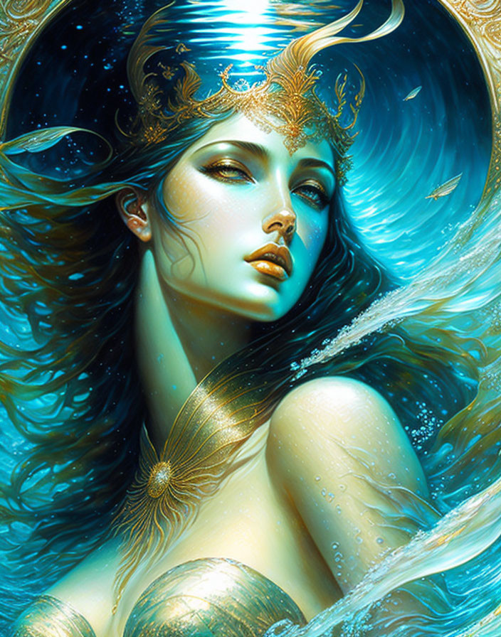 Illustration of woman with aquatic themes in blue tones and gold accents