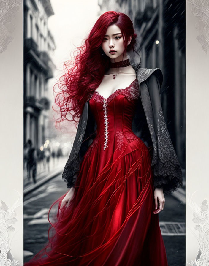 Digital Art: Woman with Red Hair in Crimson Dress on Monochrome Street