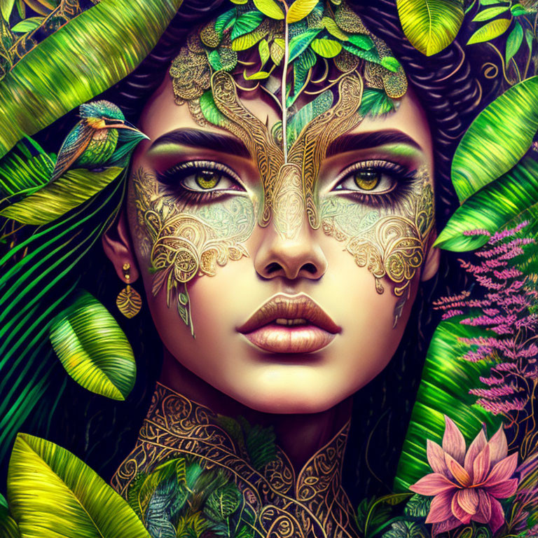 Colorful Woman Portrait with Golden Leaf Patterns in Nature