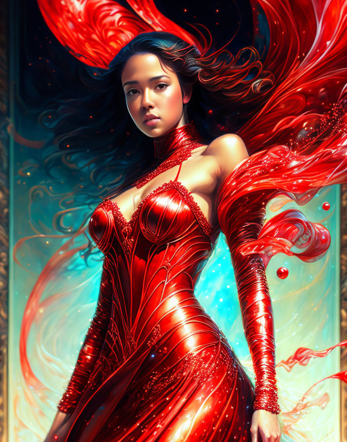 Digital artwork: Woman with red hair in futuristic armor, surrounded by blue and red swirls