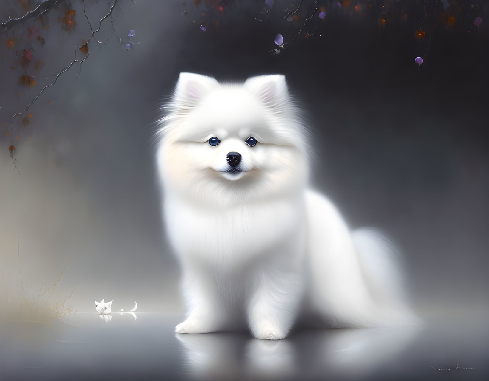 Fluffy white Pomeranian dog in misty scene with black eyes and white cat figurine,