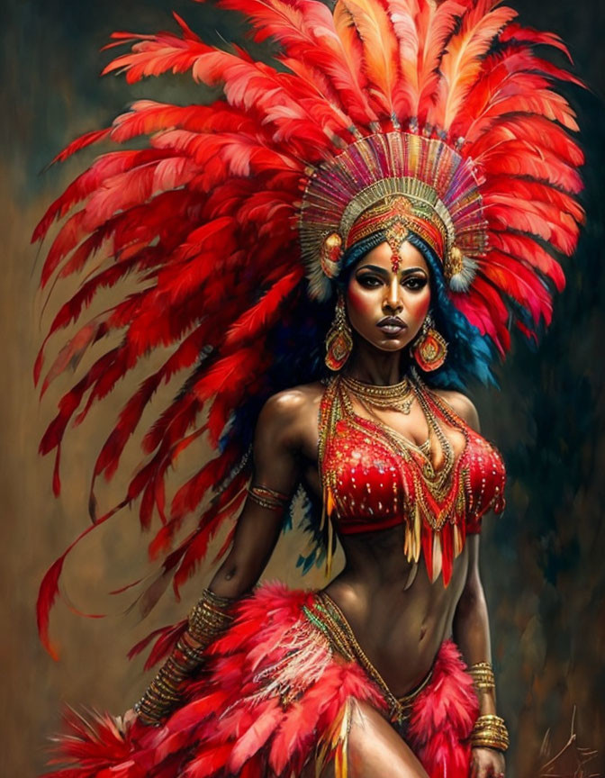 Woman in Red Feathered Headdress and Bejeweled Costume Poses Confidently