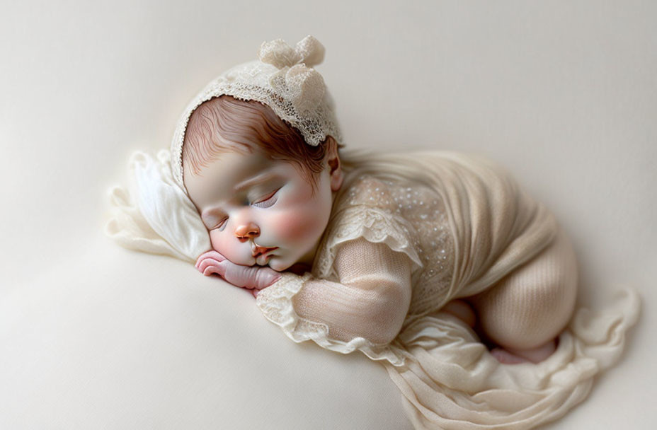 Peaceful Sleeping Baby in Cream Outfit with Lace Headband on Soft Background