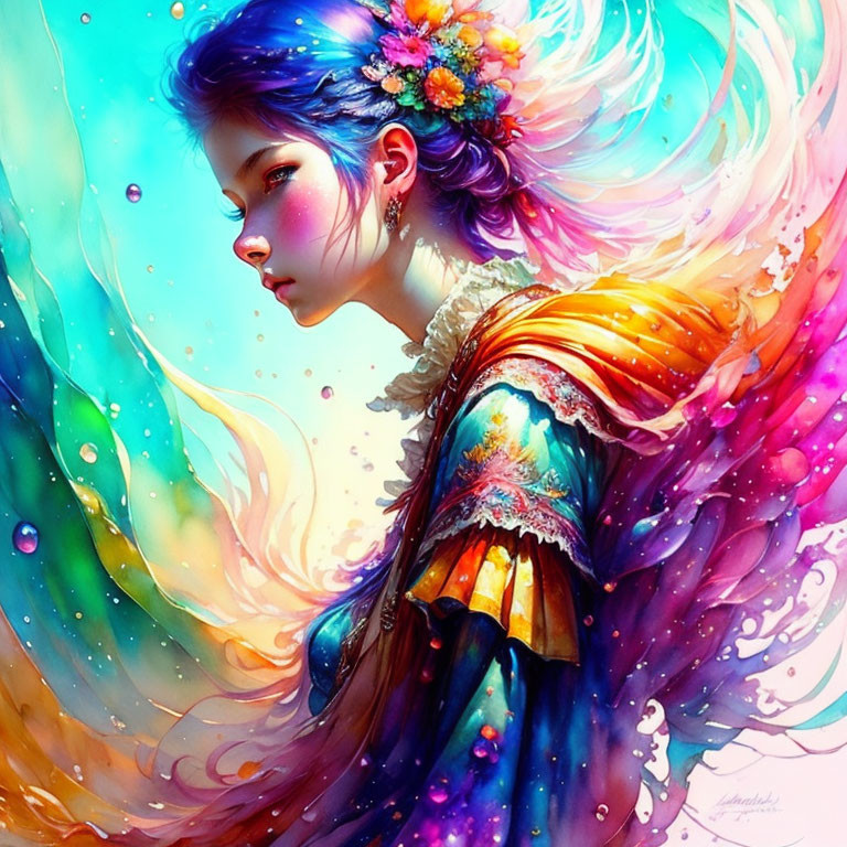 Colorful abstract patterns surrounding a young woman with flowers in her hair