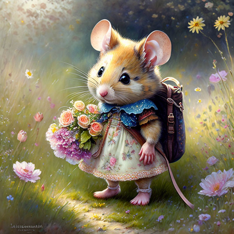 Anthropomorphized mouse with bouquet in whimsical meadow