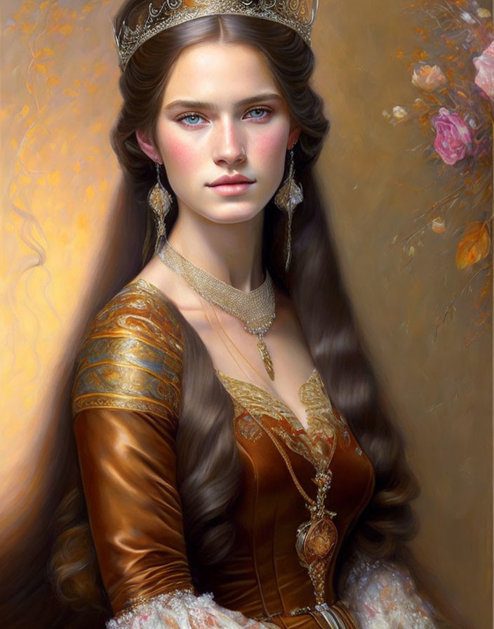 Regal woman portrait with blue eyes and golden attire.