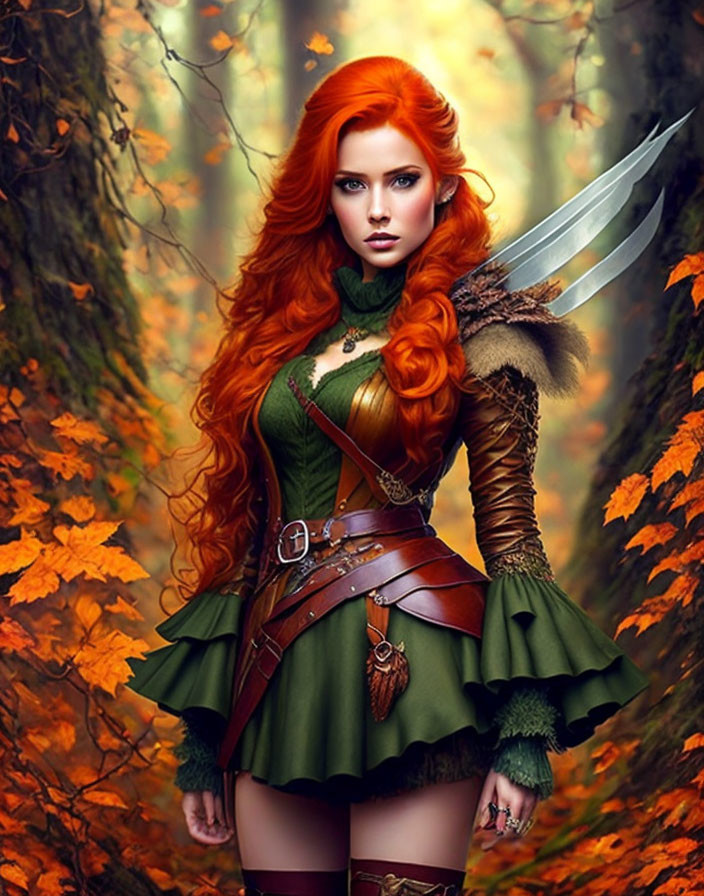 Redheaded warrior woman in green medieval dress with sword in autumn forest