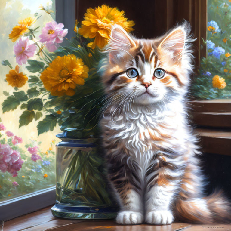 Fluffy long-haired kitten with striking markings next to a glass jar and colorful flowers by a window