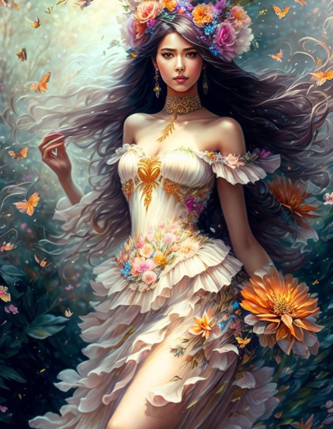 Digital painting of woman with floral headdress and butterflies in fantastical forest