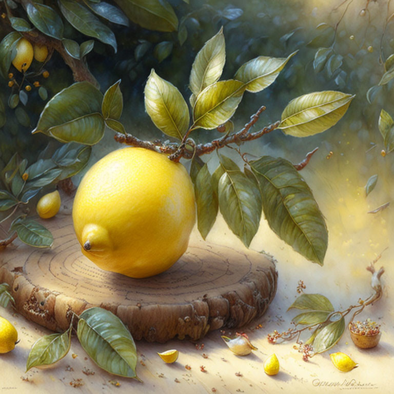 Realistic painting: Ripe lemon on tree trunk with greenery