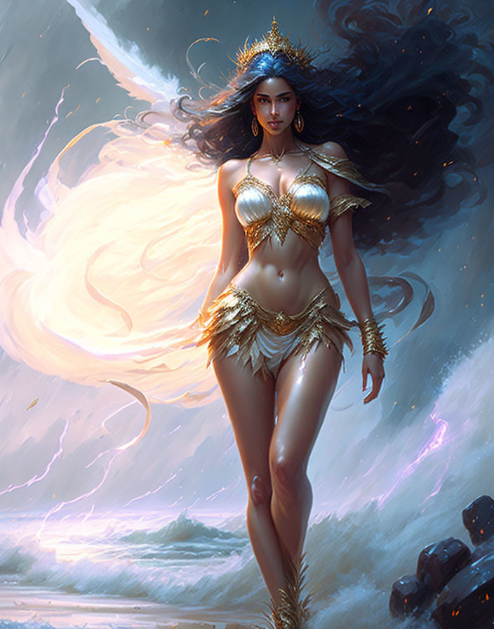 Ethereal woman in golden attire amid stormy backdrop