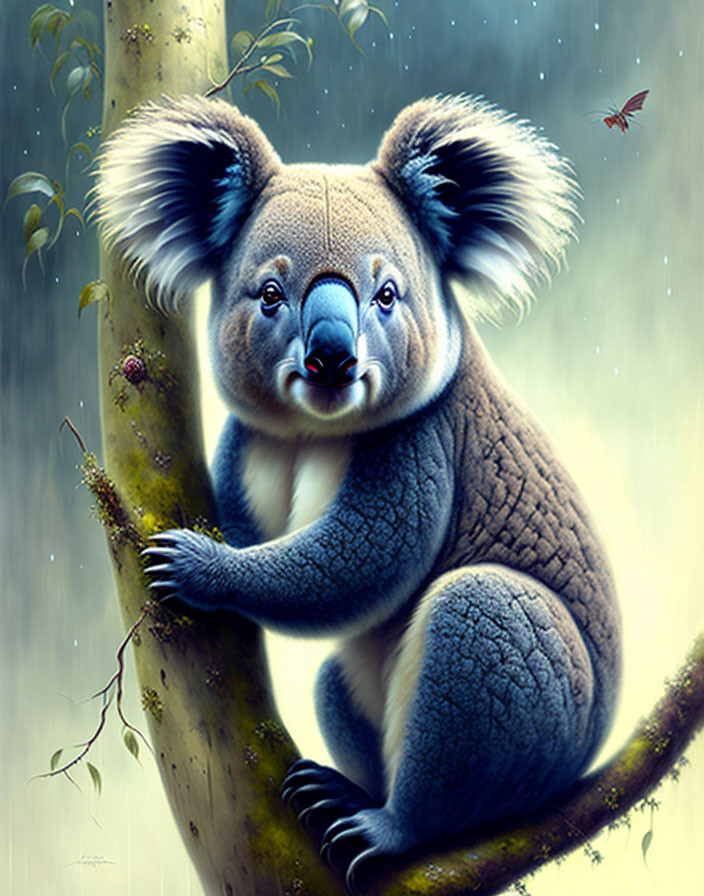 Koala and butterfly illustration on tree branch in dreamy setting