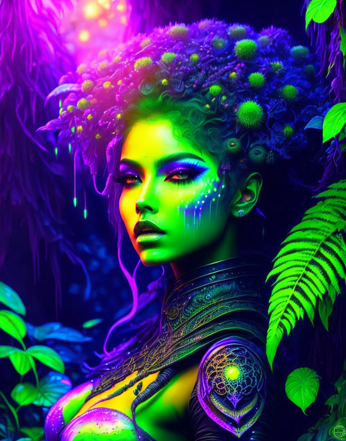 Colorful portrait of woman with floral hair and neon makeup in jungle backdrop