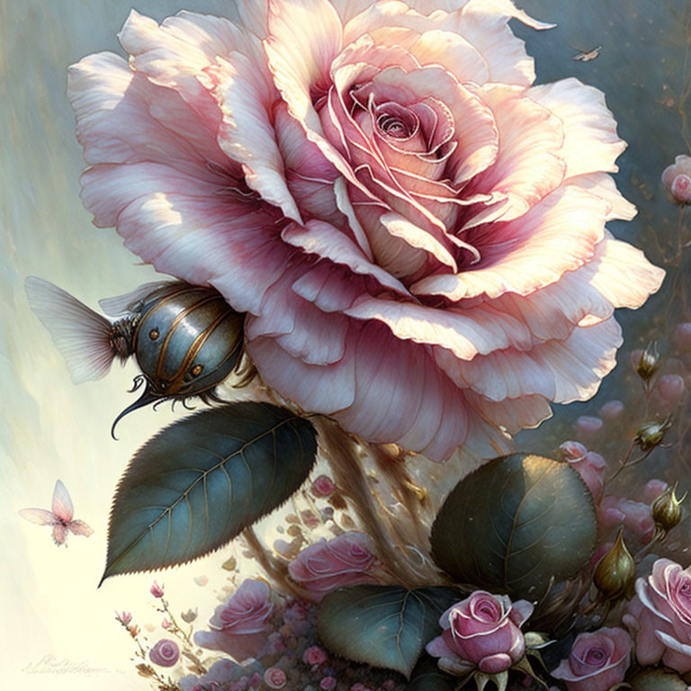 Mechanical bee near large pink rose in fantasy scene