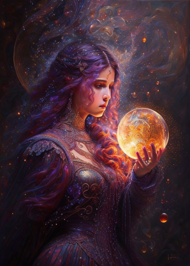 Violet-haired woman holding glowing orb in cosmic fantasy scene