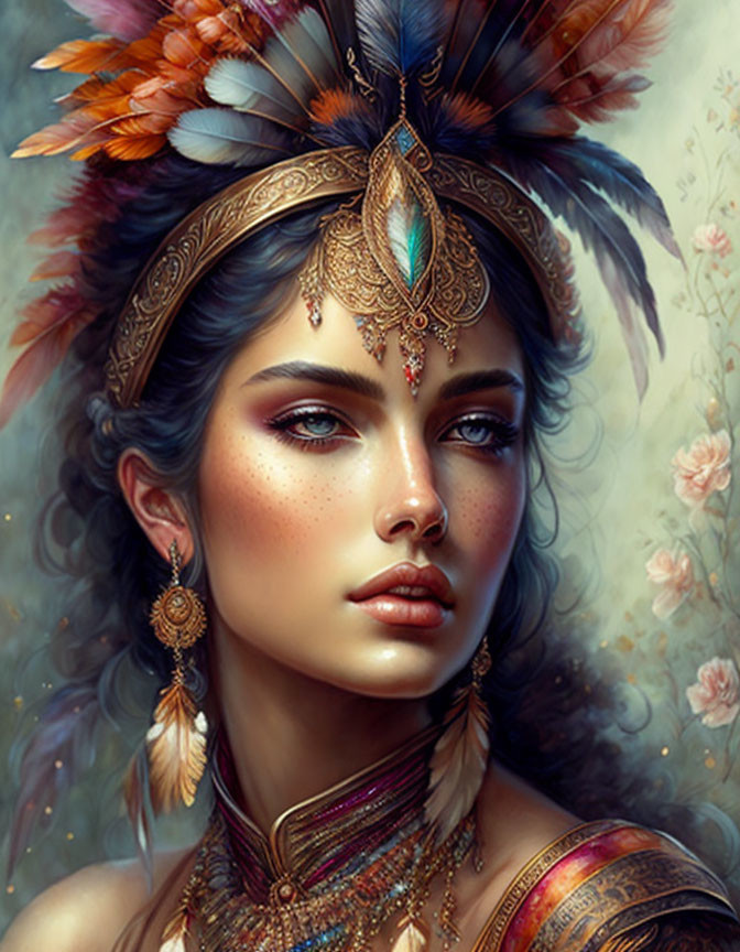 Digital painting of woman with feathered headdress, jewelry, and tattoos on rose background