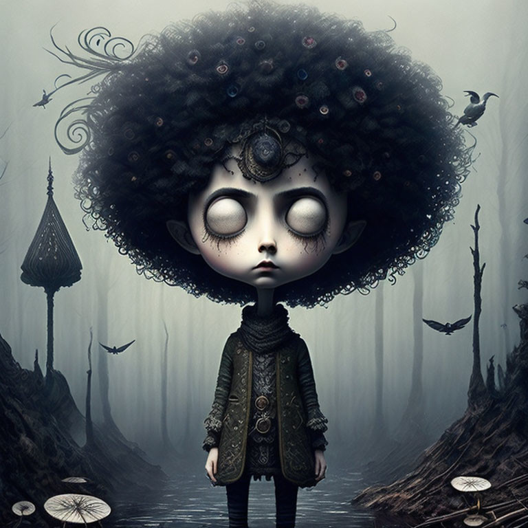 Surreal illustration: stylized character with large eyes and oversized curly hair in foggy landscape with